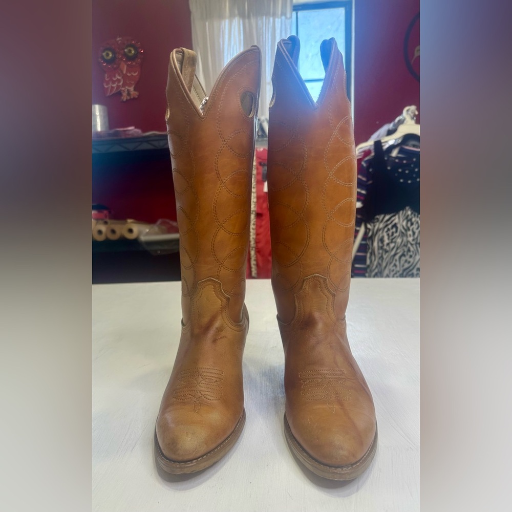 Vintage Acme Cowboy Boots Tan Leather USA Women 9.5C Narrow Western Tall - Picture 3 of 16